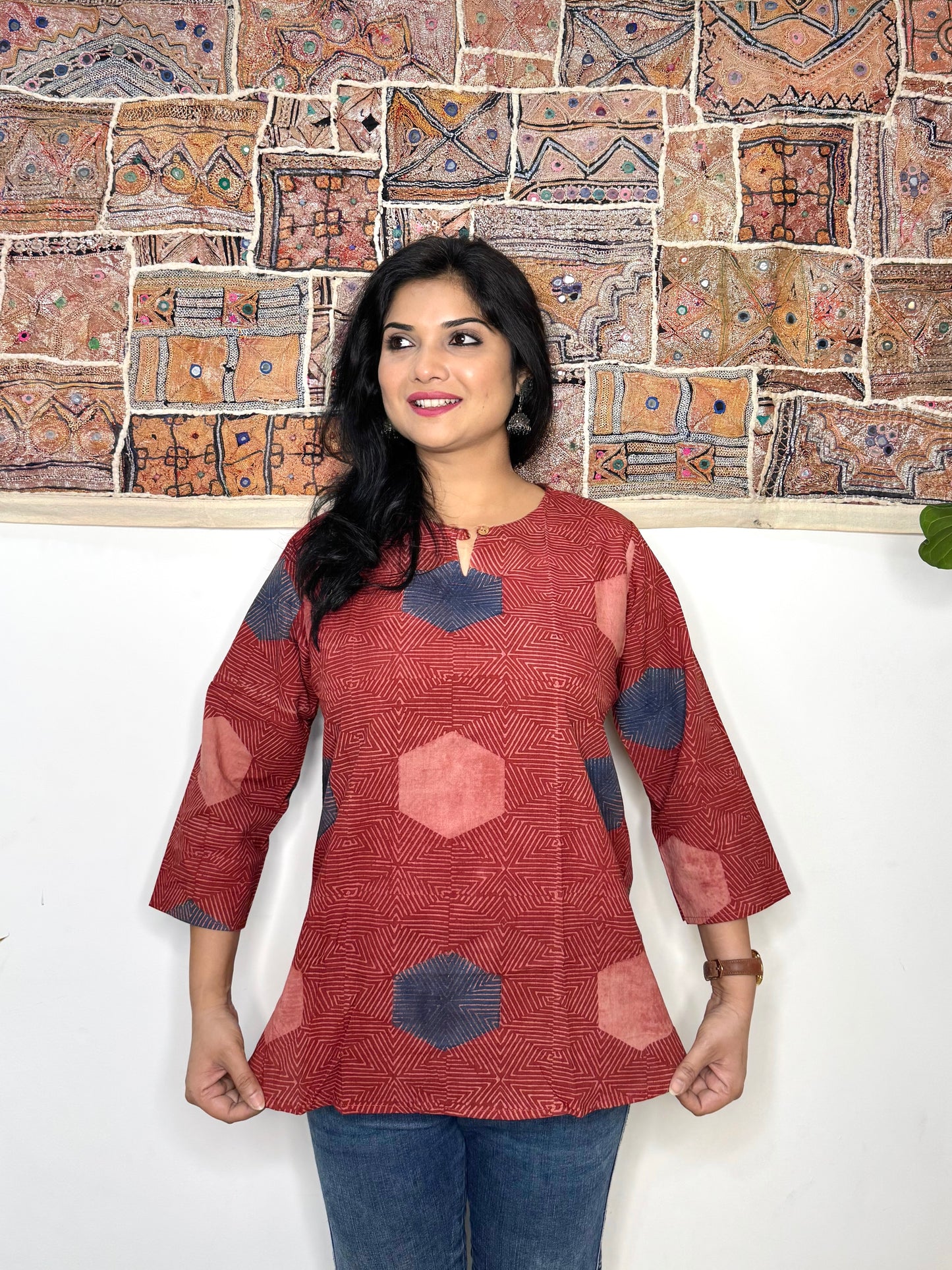 Honeycomb ~ Brick Red Ajrakh Handblock Kurti