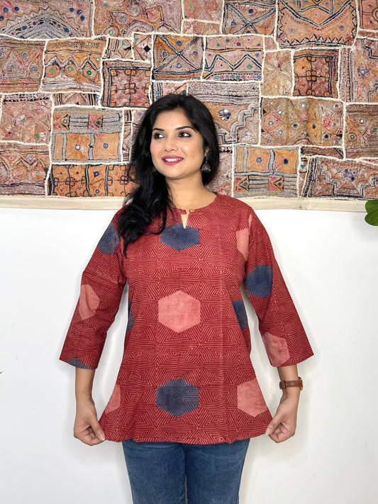 Honeycomb ~ Brick Red Ajrakh Handblock Kurti
