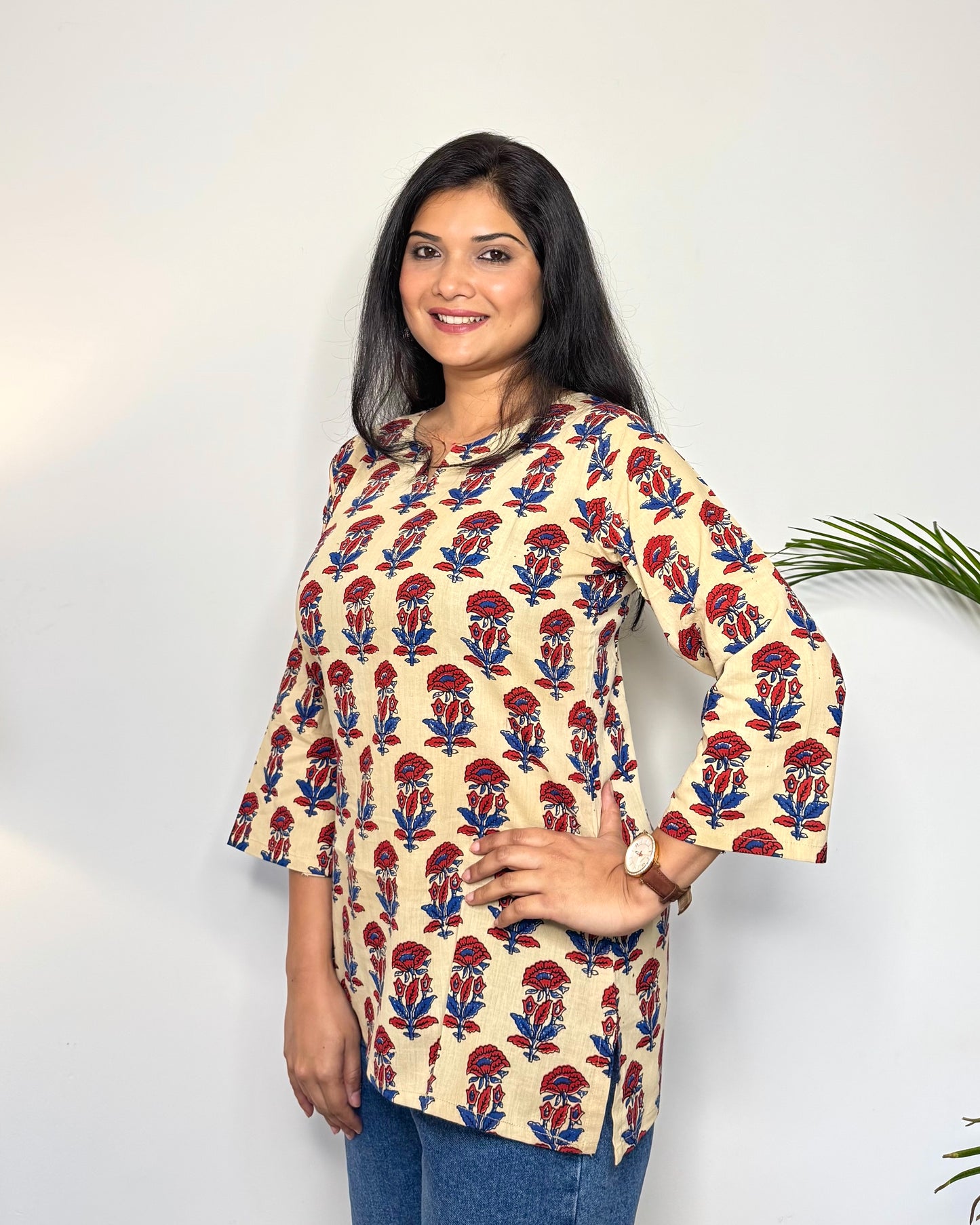 Daisy Meadow ~ Cream & Ruby Red Handblock Kurti