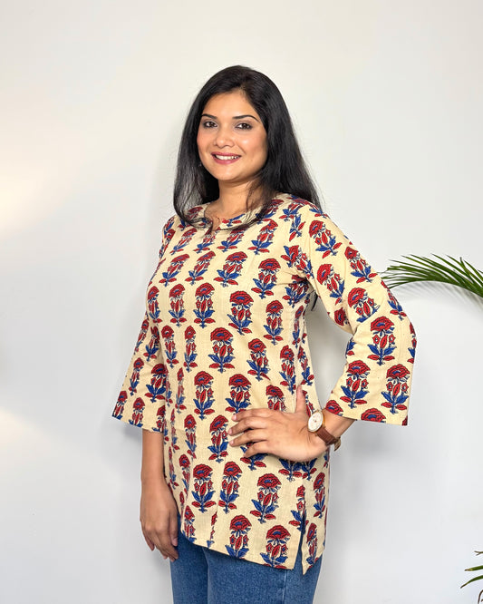 Daisy Meadow ~ Cream & Ruby Red Handblock Kurti
