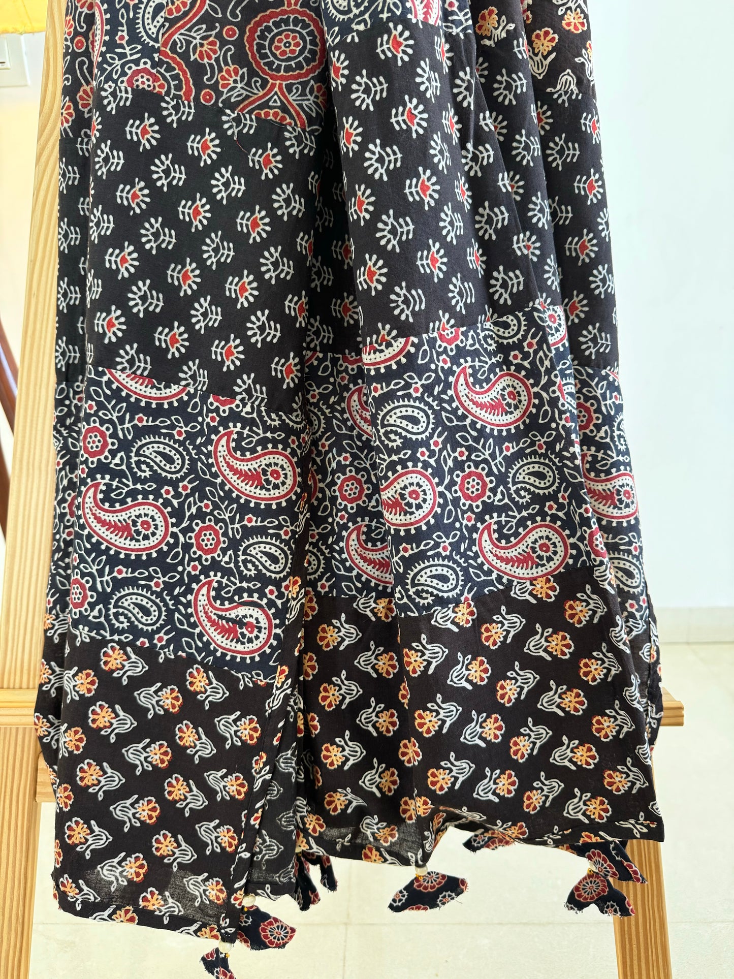 Ajrakh Applique & Kantha Embroidered Dupatta ~ Black Chequered