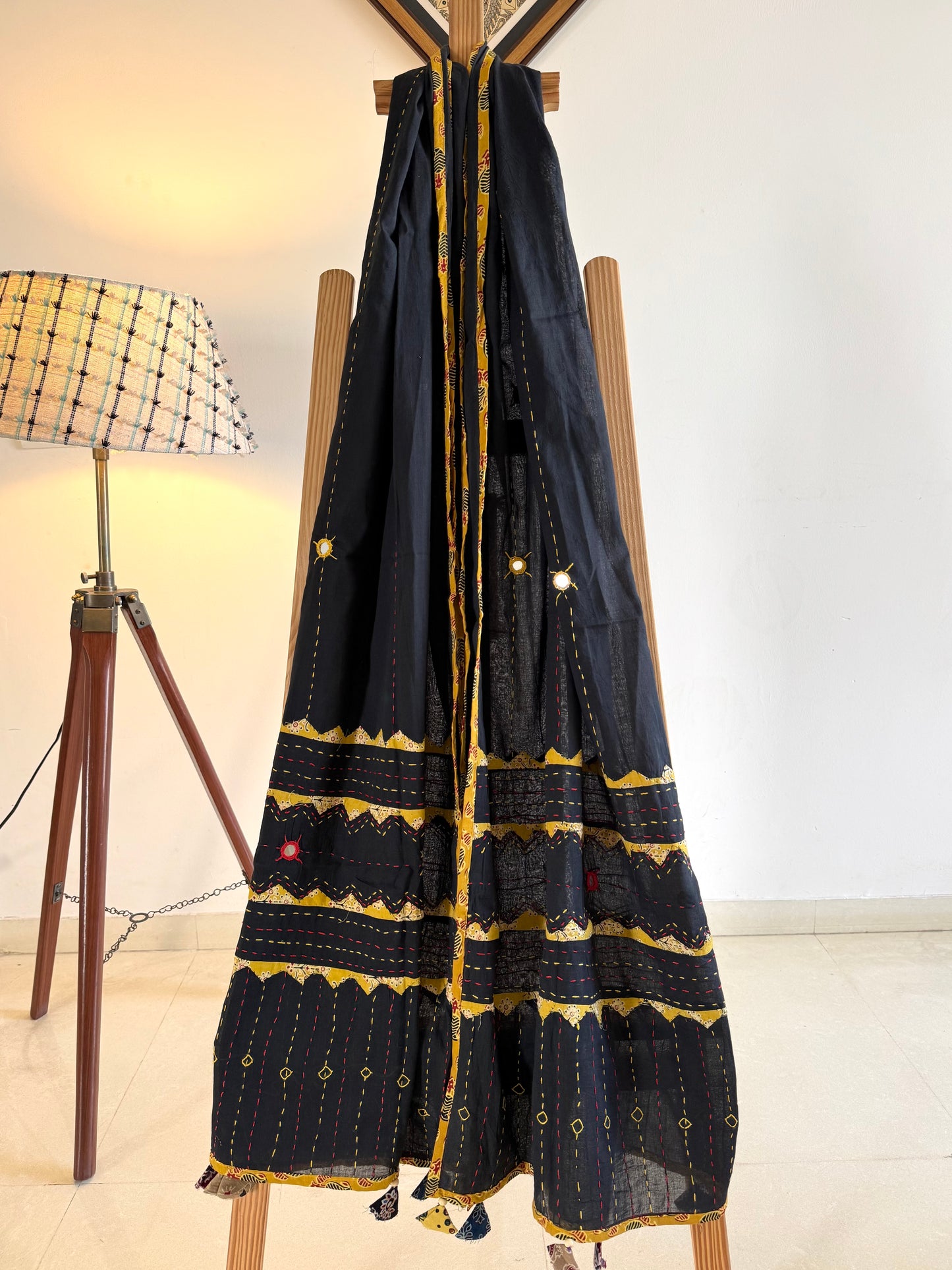 Ajrakh Applique & Kantha Embroidered Dupatta ~ Black & Yellow