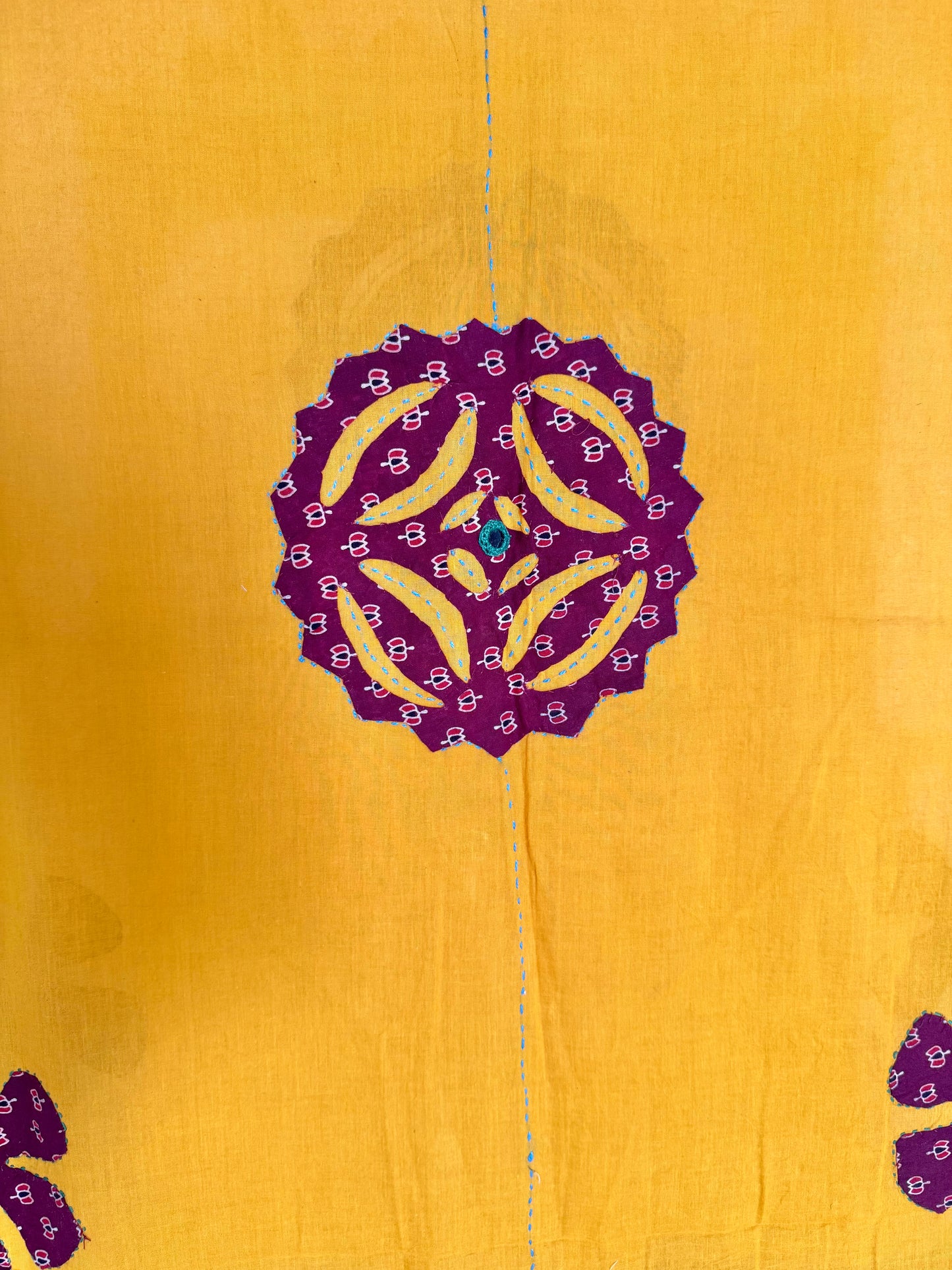 𓂃ོ⋆☀︎𓂃ᨒོ Ajrakh, Applique & Kantha Embroidered Dupatta ~ Yellow & Maroon𑁍ࠬ