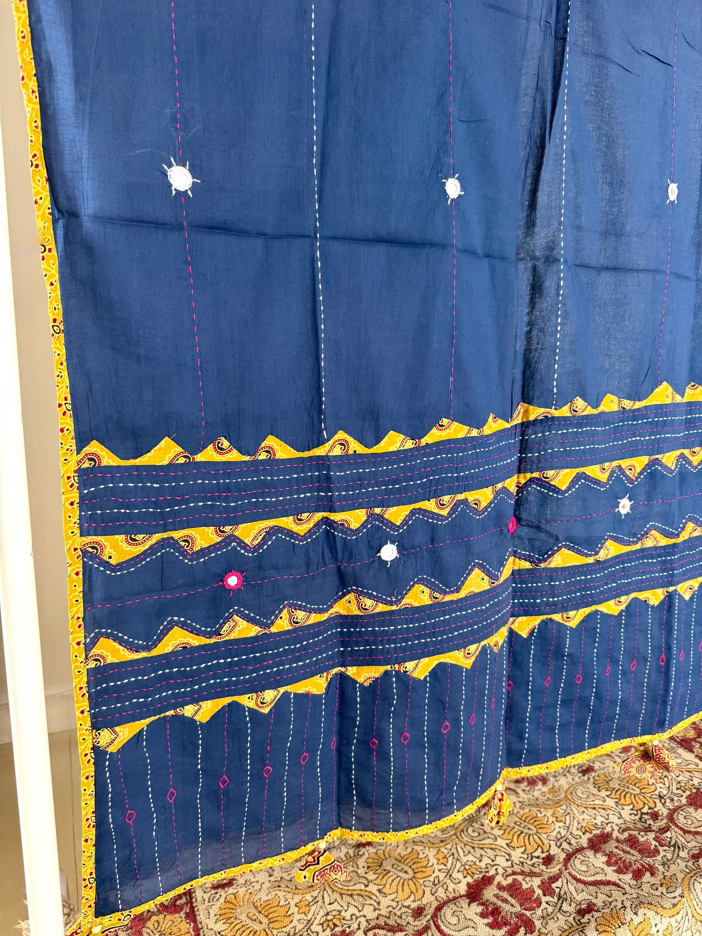 Ajrakh Applique & Kantha Embroidered Dupatta ~ Navy Blue with Yellow Kantha Work