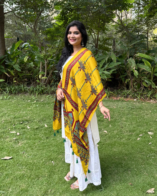 Rangrez🔅Modal Silk Ajrakh Stoles ~ Yellow with Palm Tree Motifs