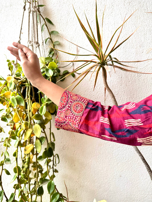 Ikkat - Brick Red Handblock Kurti