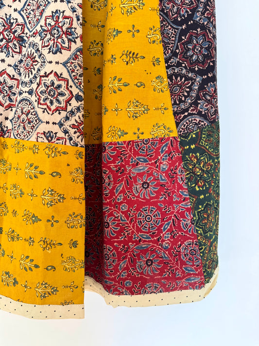 🌻Navrang ~ Ajrakh Handcrafted Long Skirt ~ Multicolor w/ cream polka border