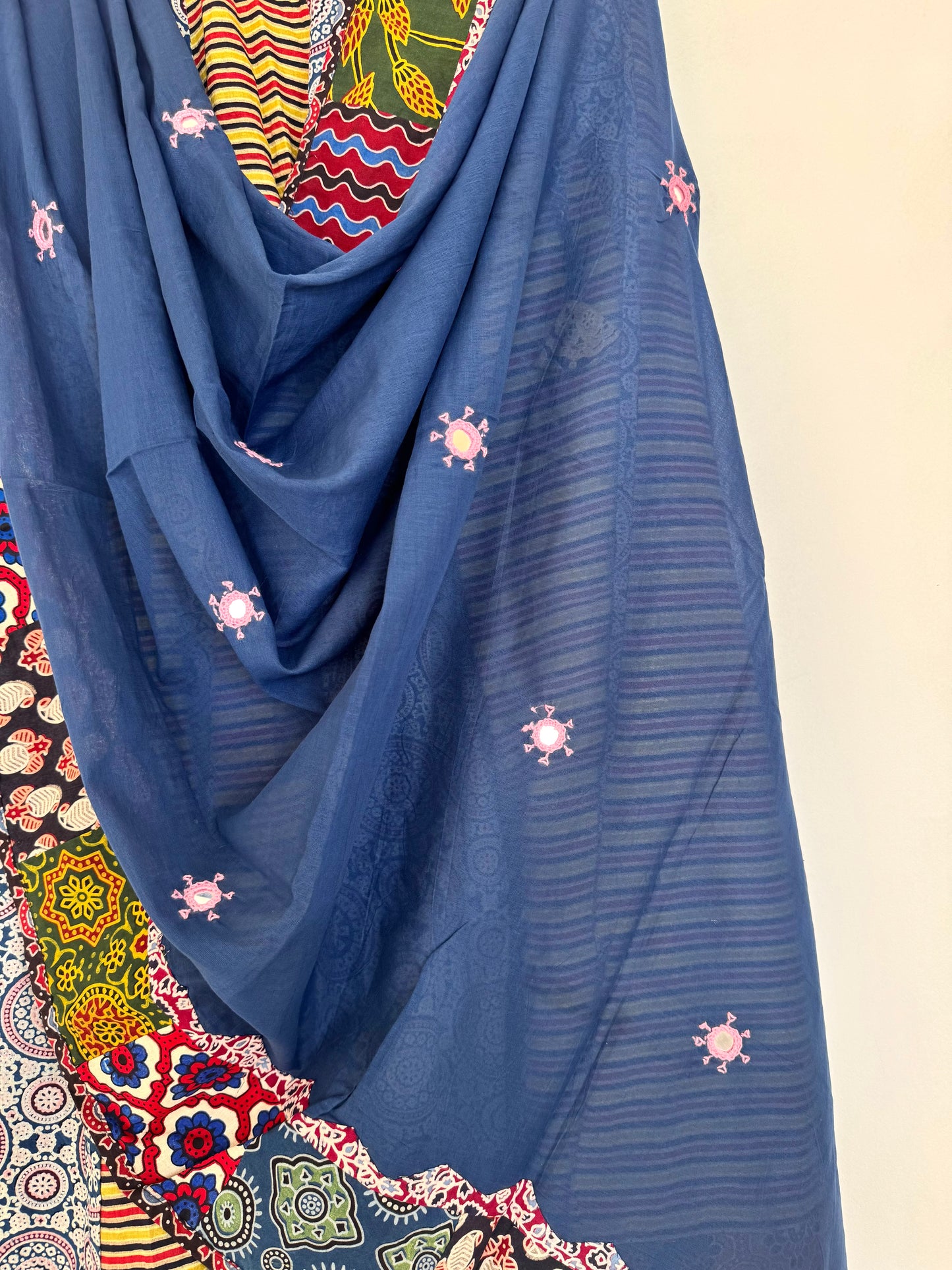 ✨Garba nu Ghoomie ~ Ajrakh Lehenga and Dupatta Set ~ Yellow Strips w/ Navy Blue Dupatta