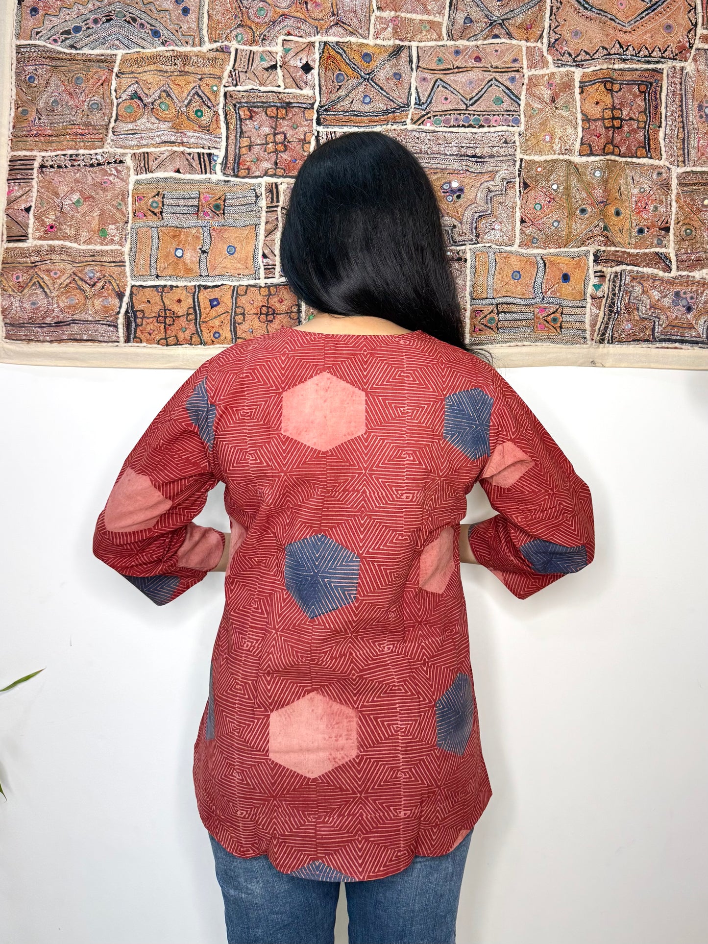 Honeycomb ~ Brick Red Ajrakh Handblock Kurti