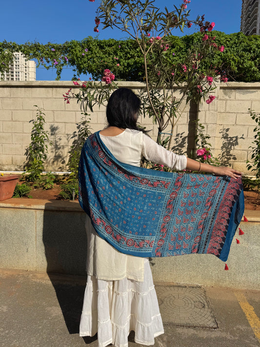 Rangrez🔅Modal Silk Ajrakh Stoles ~ Indigo Star Dust
