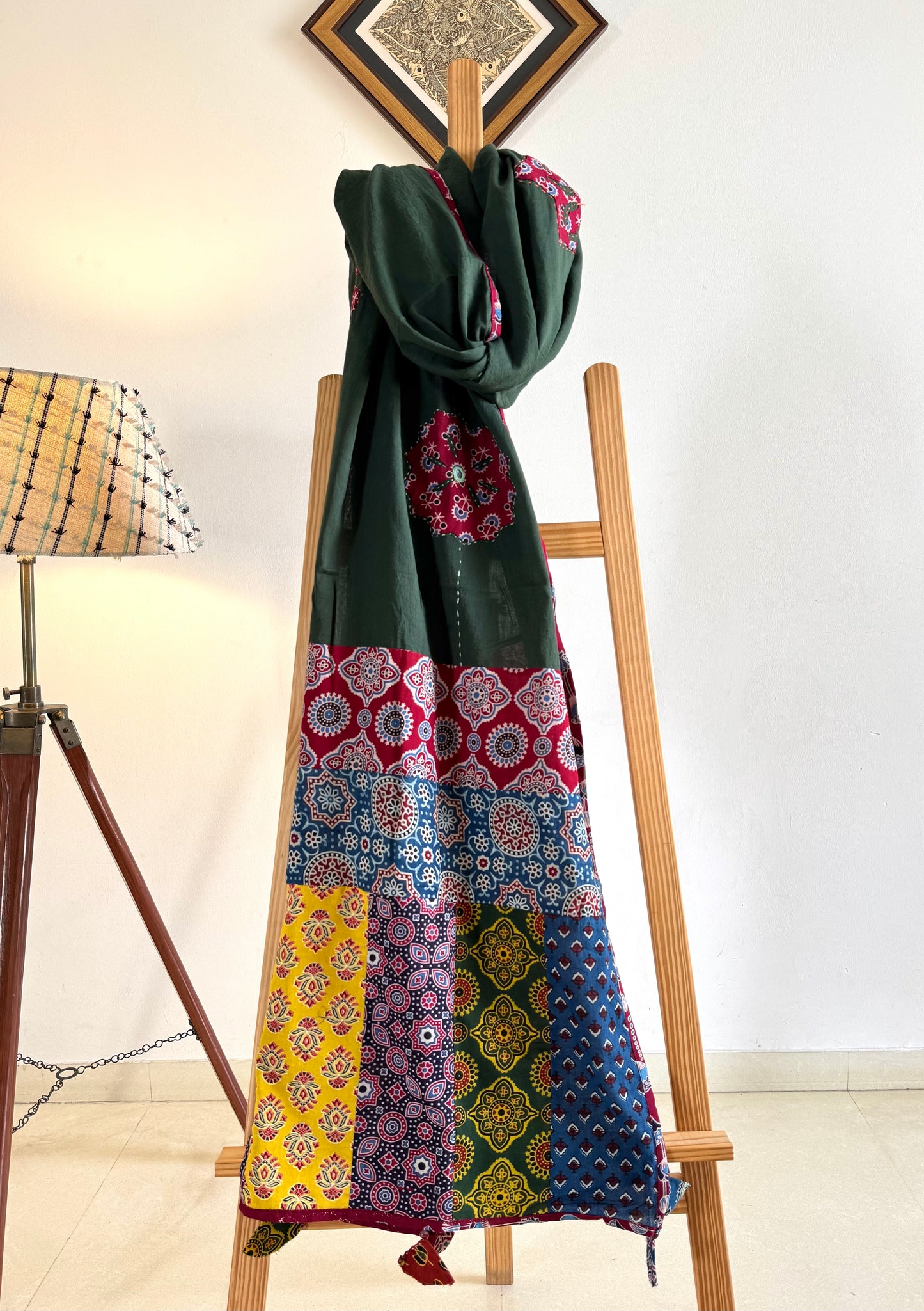 𓂃ོ⋆☀︎𓂃ᨒོ Ajrakh, Applique & Kantha Embroidered Dupatta ~ Olive Green with Ruby Crystals𑁍ࠬ
