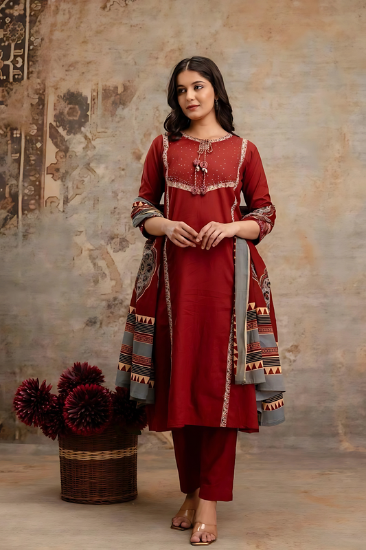 Saanjh 𓂃 ོ☼𓂃 Ajrakh Hand Embroidered Suit ~ Mahogany Red