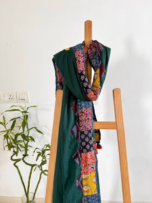 Ajrakh Applique & Kantha Embroidered Dupatta ~ Basil Green