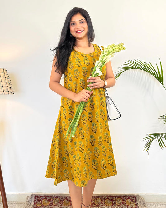 Noor 9 to 5 Ajrakh Dress ~ Mustard Yellow - Daisy Print