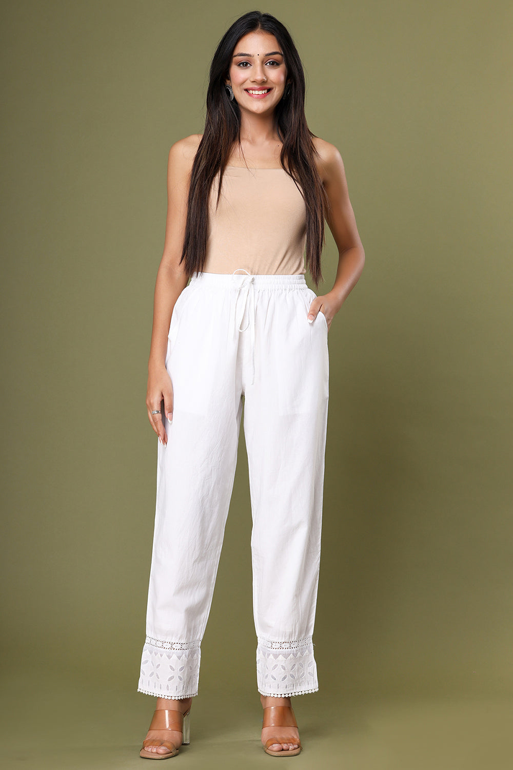 Pearl White ~ Appliqué Laced Cut Pant