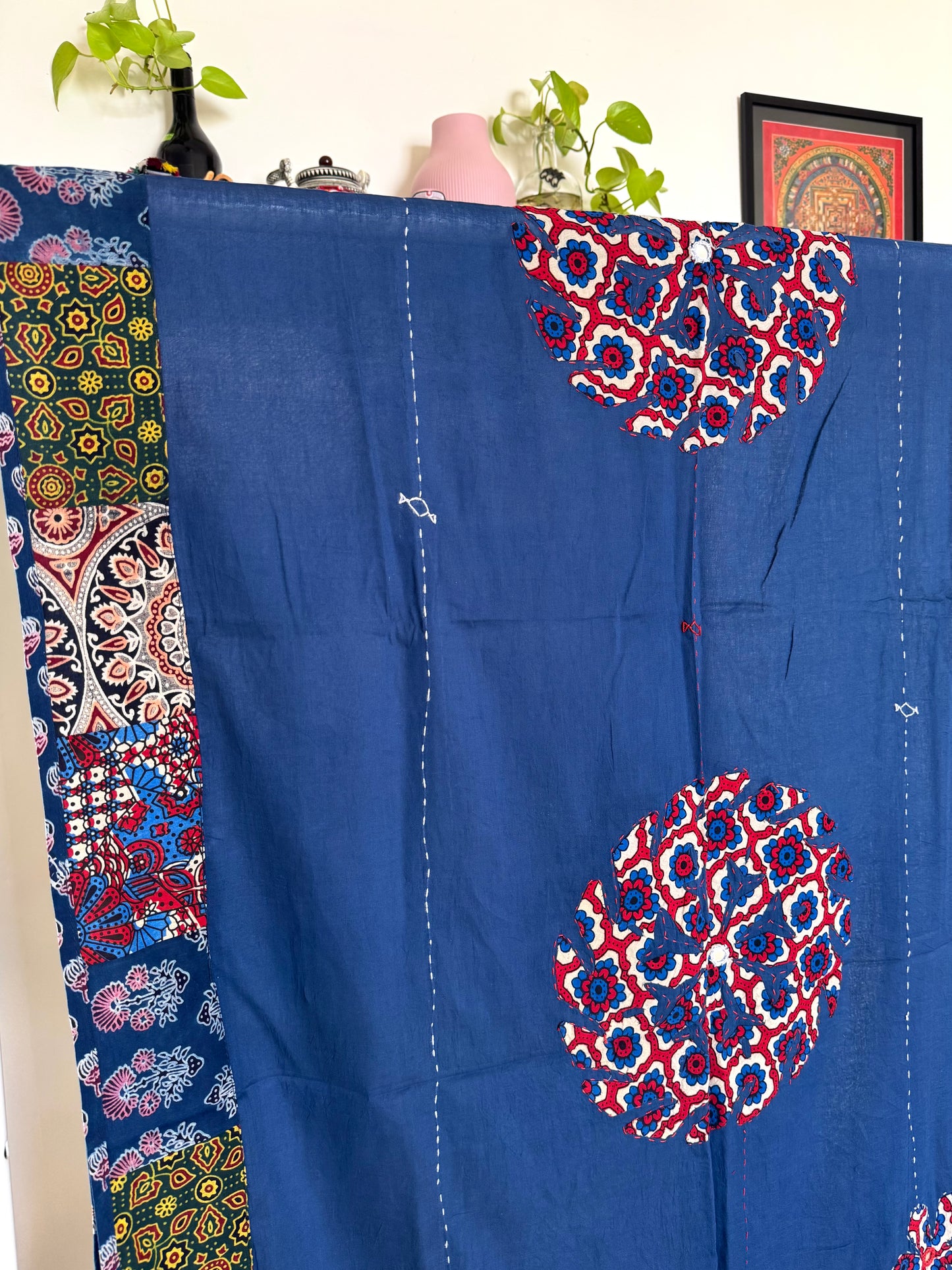 Ajrakh Applique & Kantha Embroidered Dupatta ~ Navy Blue with Multicolor Flowers