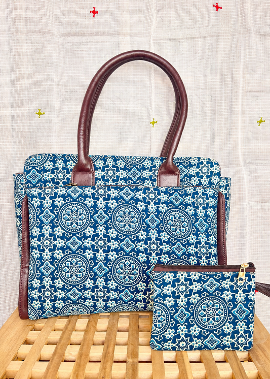 Karwaan🍂 Neel Circle Motifs ~ Ajrakh Handblock Fabric Bag
