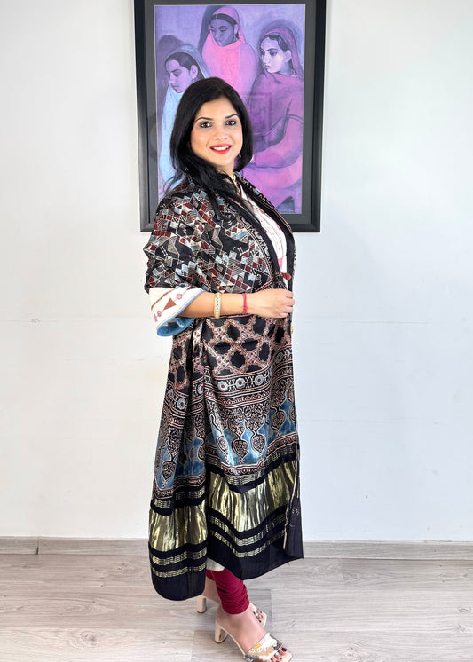 Modal Silk Ajrakh Dupatta ~ Black Worli Art Motif w/ Zari
