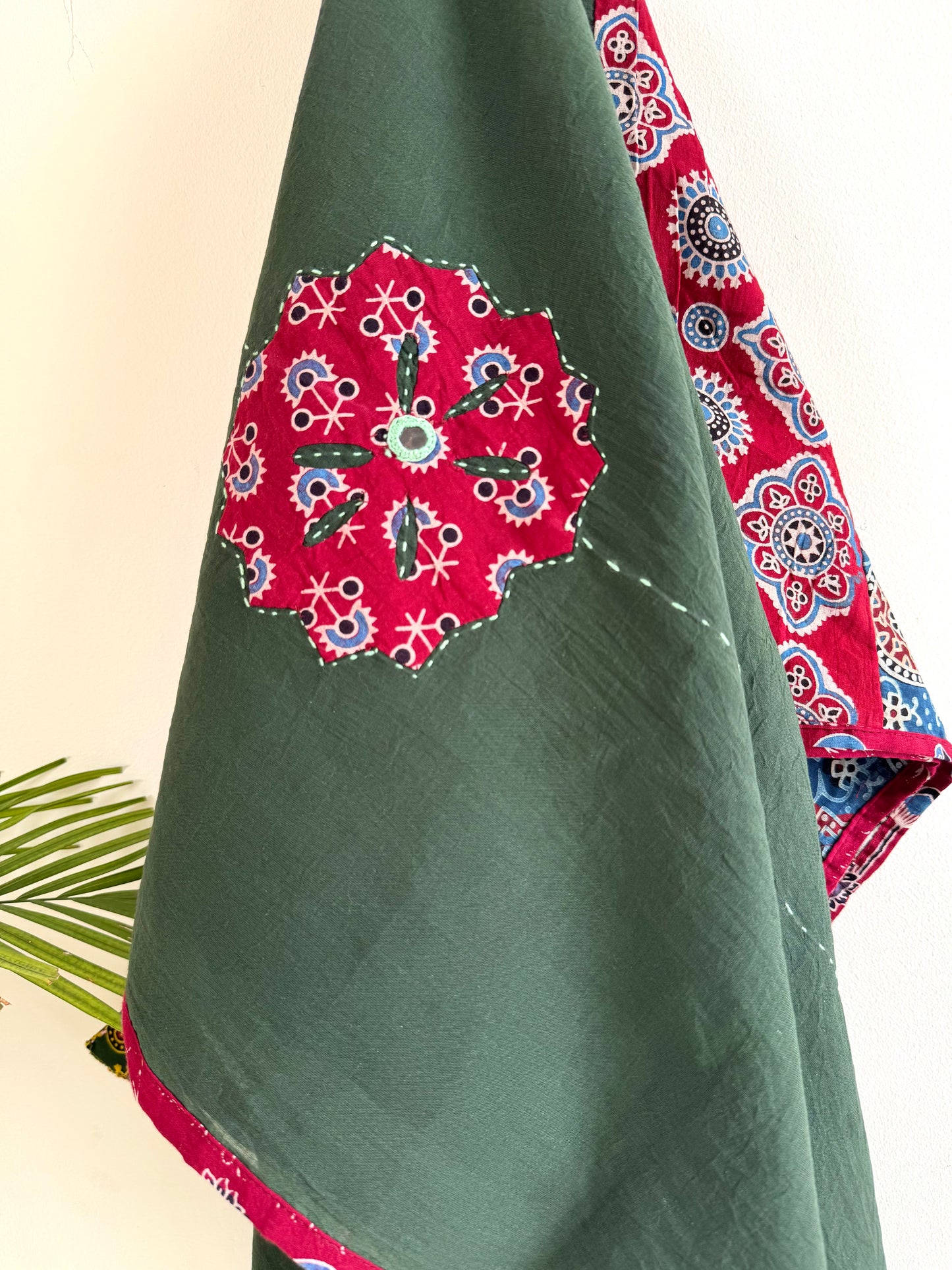 𓂃ོ⋆☀︎𓂃ᨒོ Ajrakh, Applique & Kantha Embroidered Dupatta ~ Olive Green with Ruby Crystals𑁍ࠬ