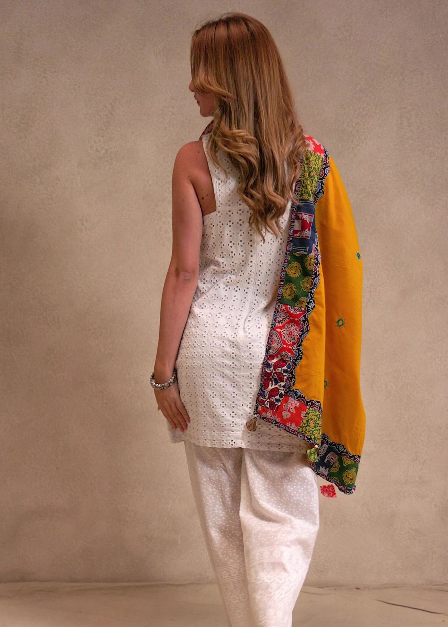 Ajrakh Applique & Kantha Embroidered Dupatta ~ Mustard Yellow