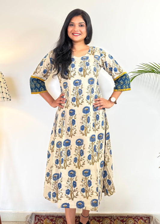 Noor 9 to 5 Ajrakh Dress ~ Ivory white & indigo blue
