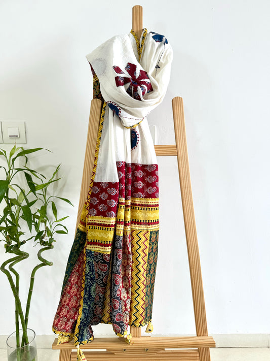 Ajrakh Applique & Kantha Embroidered Dupatta ~ White, Blue & Yellow