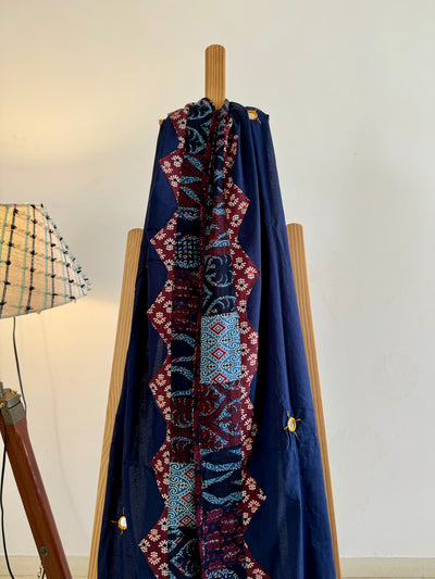 Ajrakh Applique & Kantha Embroidered Dupatta ~ Midnight Indigo