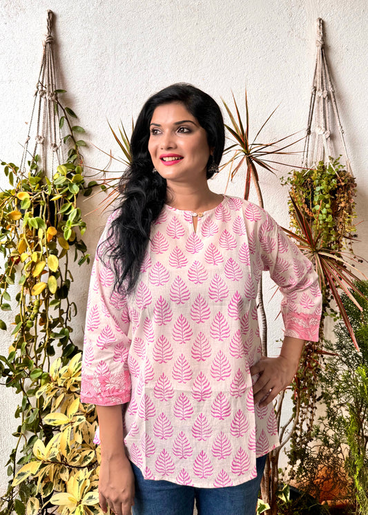 Flamingo ~ White and Pink Handblock Kurti