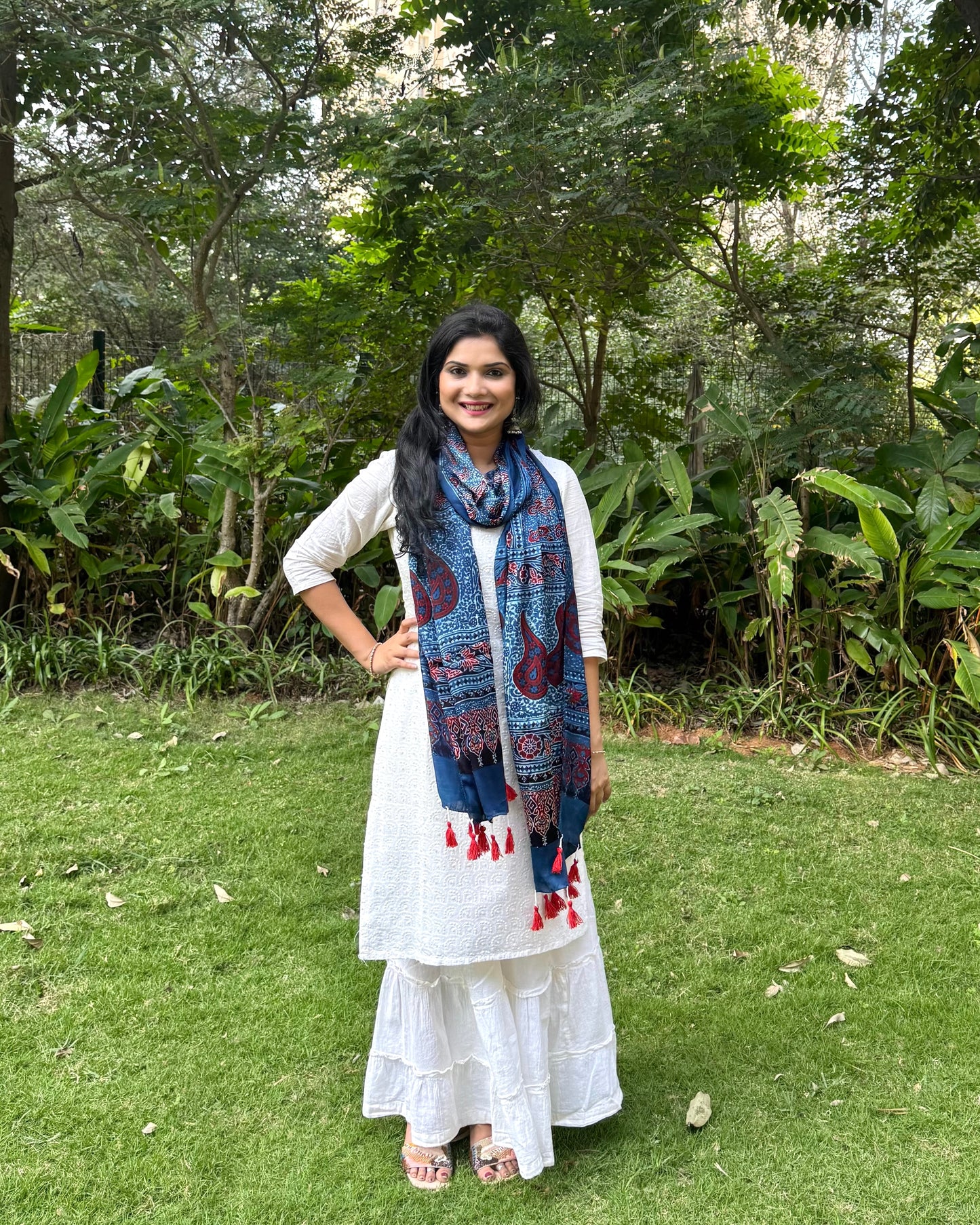 Rangrez🔅Modal Silk Ajrakh Stoles ~ Indigo with Floral Motifs