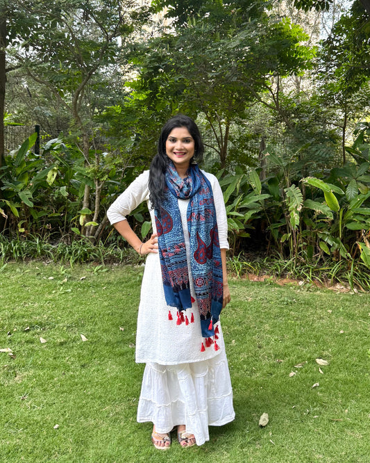 Rangrez🔅Modal Silk Ajrakh Stoles ~ Indigo with Floral Motifs