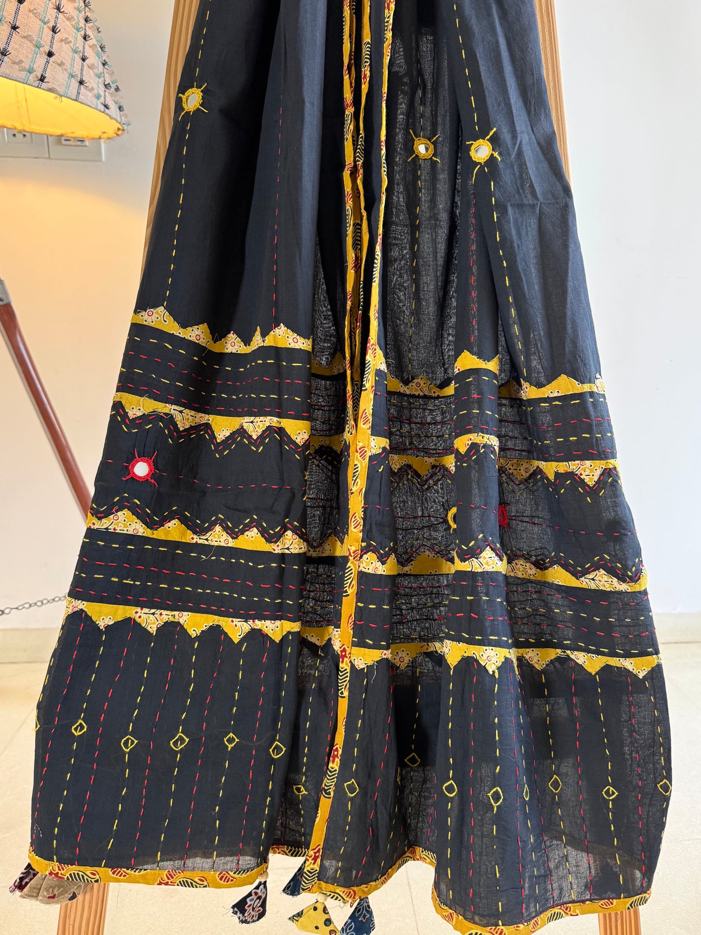 Ajrakh Applique & Kantha Embroidered Dupatta ~ Black & Yellow