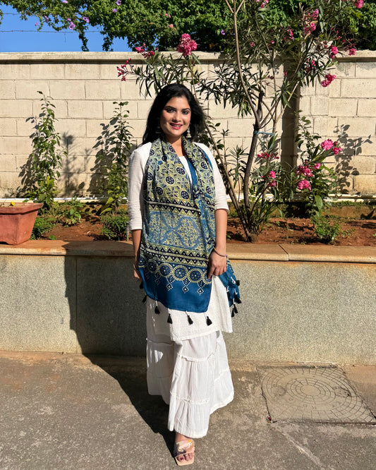 Rangrez🔅Modal Silk Ajrakh Stoles ~ Indigo & Green Grunge Motifs