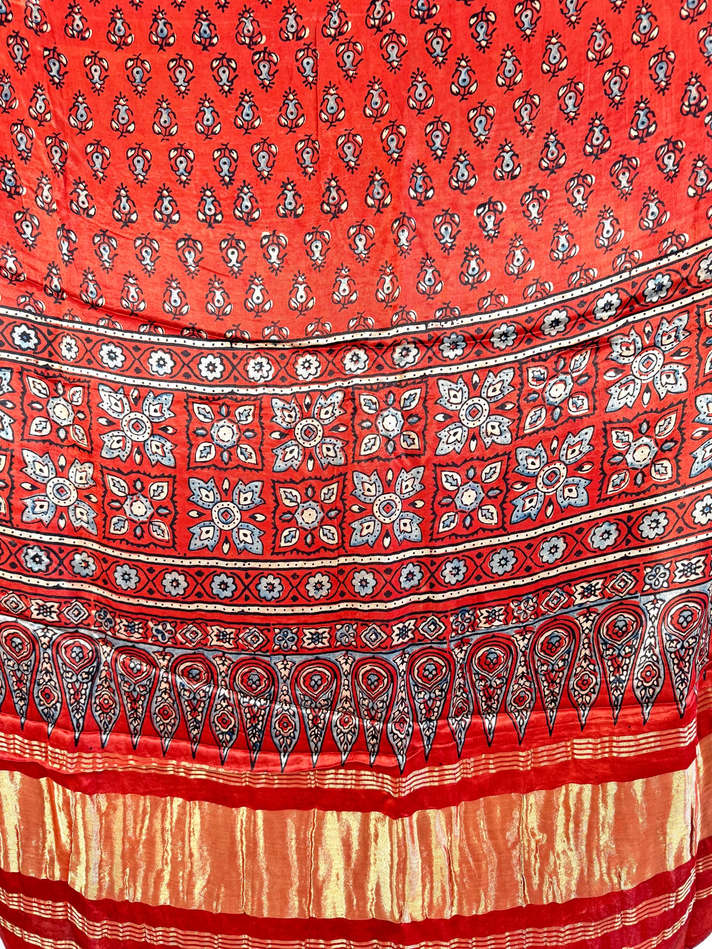 Modal Silk Ajrakh Dupatta ~ Brick Red Tulip Motif w/ Zari