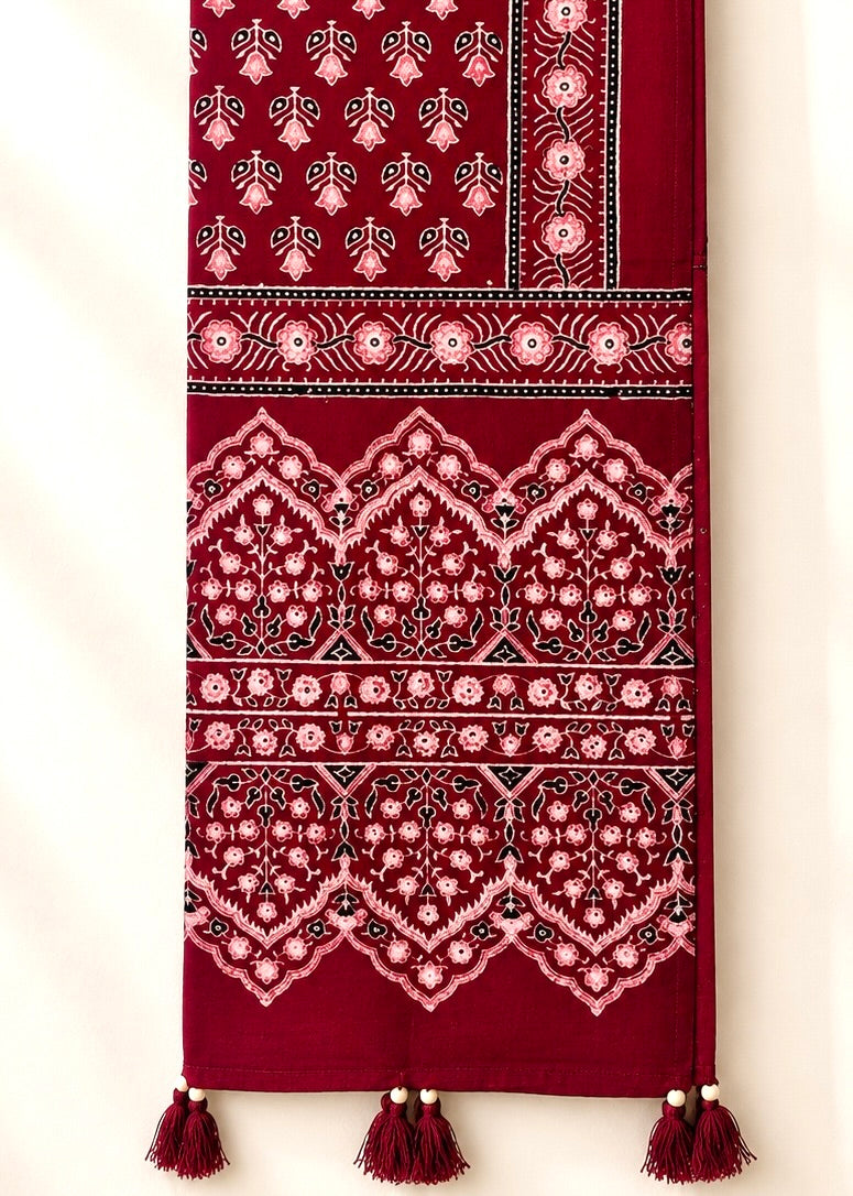 Raahi🌻Ajrakh Cotton Stoles ~ Deep red w/ motifs