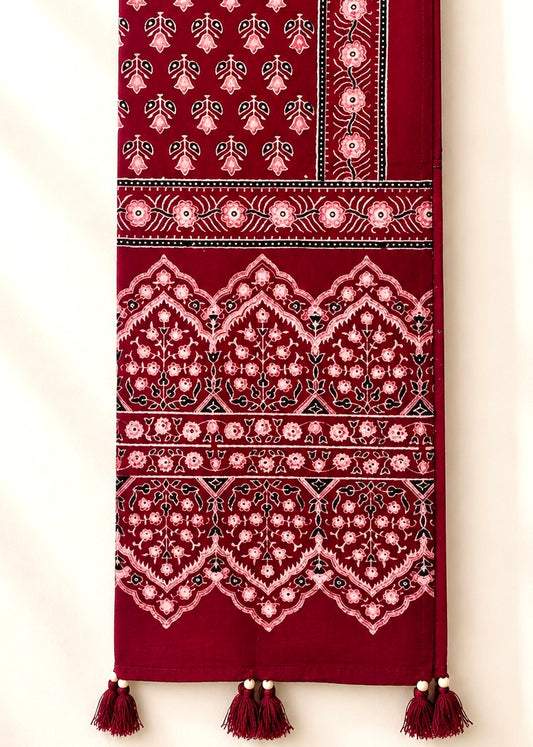 Raahi🌻Ajrakh Cotton Stoles ~ Deep red w/ rose motifs