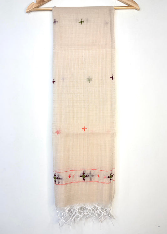 Kota Doria Hand Embroidered Dupatta ~ Beige w/ maroon stars
