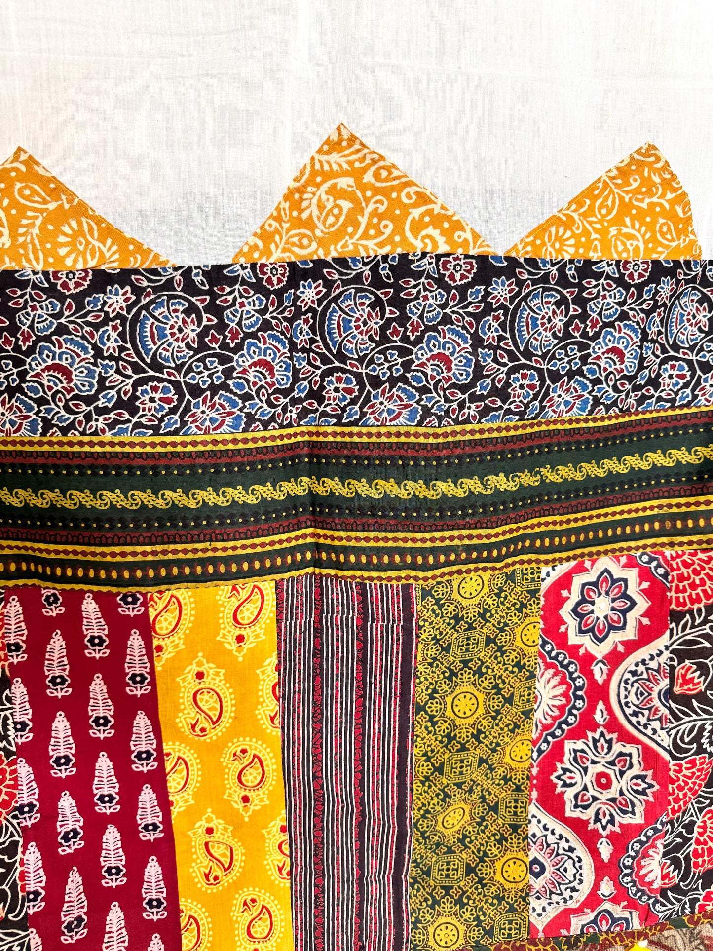 Ajrakh Applique & Kantha Embroidered Cotton Dupatta ~ White