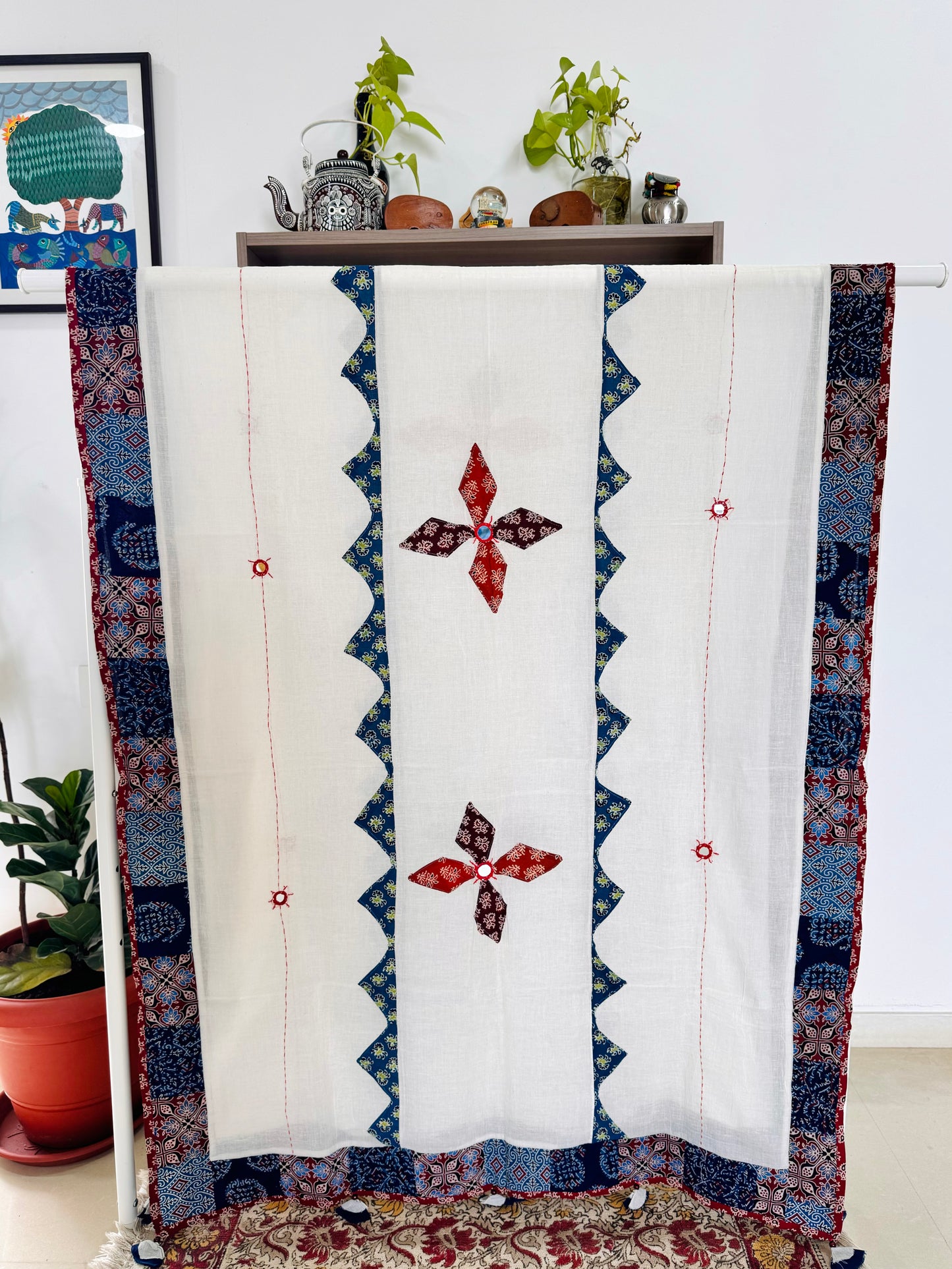 Ajrakh Applique & Kantha Embroidered Dupatta ~ White with Burnt Orange Flowers