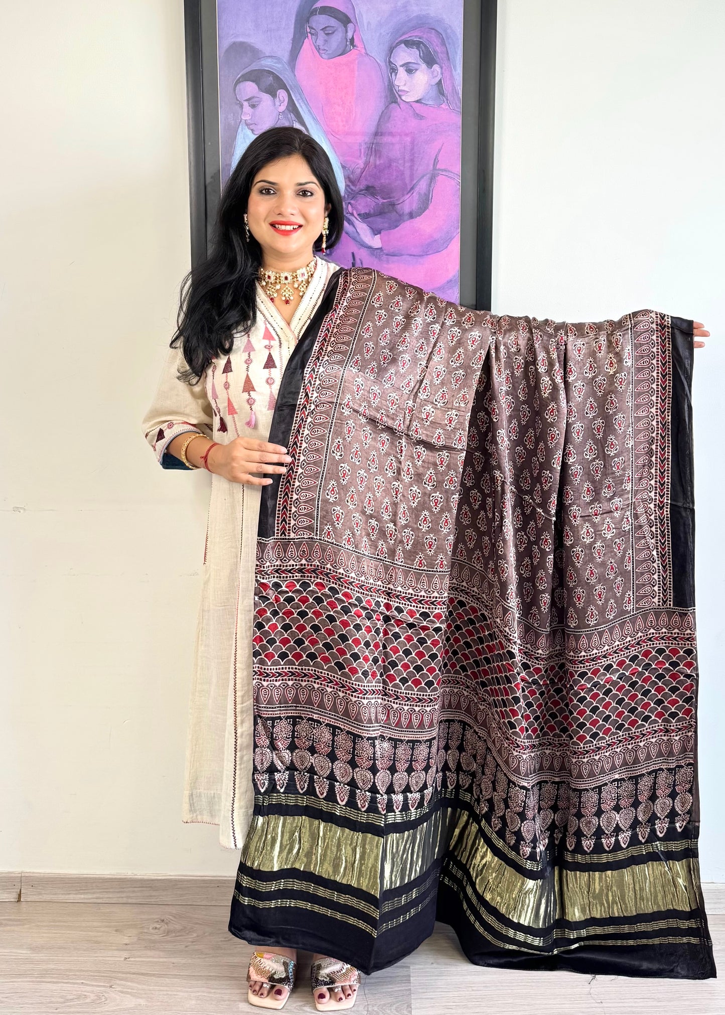Modal Silk Ajrakh Dupatta ~ Metallic Grey Fish Scale motif w/ Zari