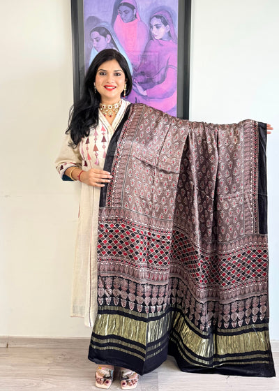 Modal Silk Ajrakh Dupatta ~ Metallic Grey Fish Scale motif w/ Zari