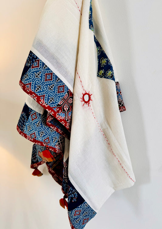 Ajrakh Applique & Kantha Embroidered Dupatta ~ White with Mustard Yellow & Orange Flowers