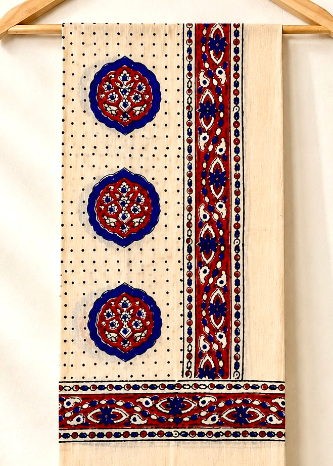 Raahi🌻Ajrakh Cotton Stoles ~ Ivory white w/ motifs