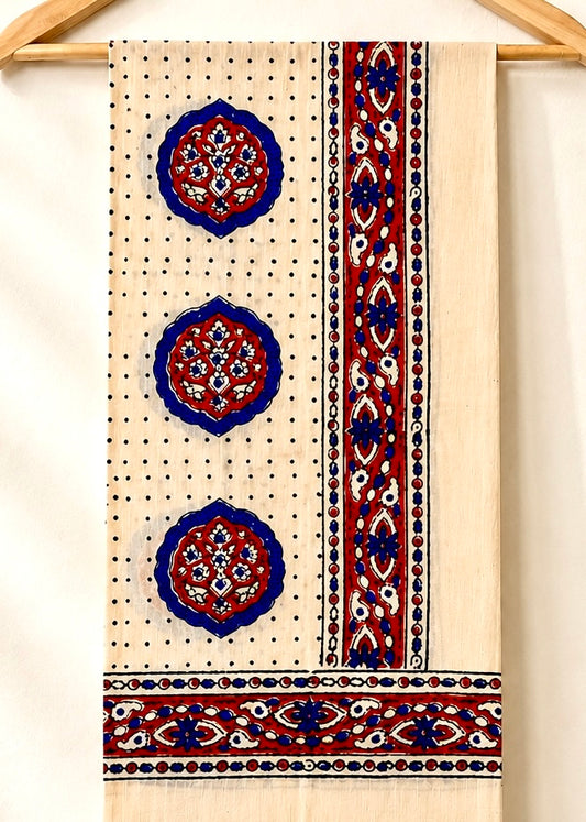 Raahi🌻Ajrakh Cotton Stoles ~ Ivory white w/ motifs