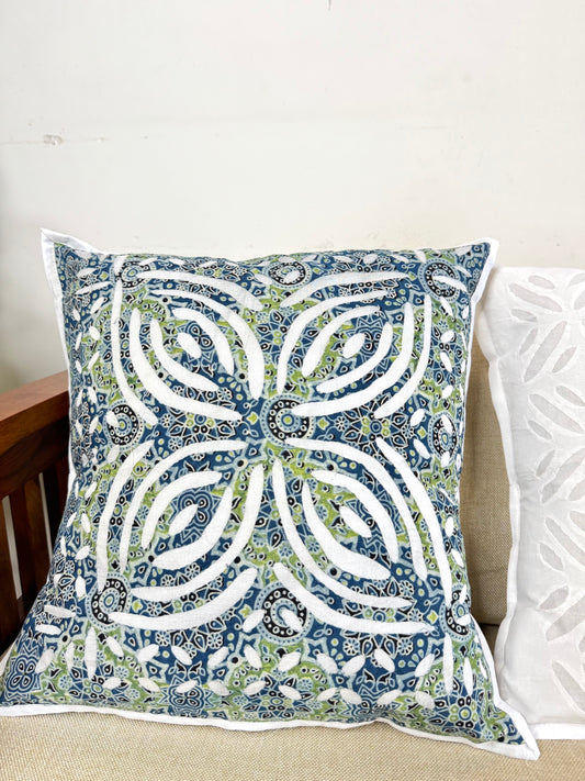 Applique cutwork Cushion cover ~ Green & White ~ Set of 3