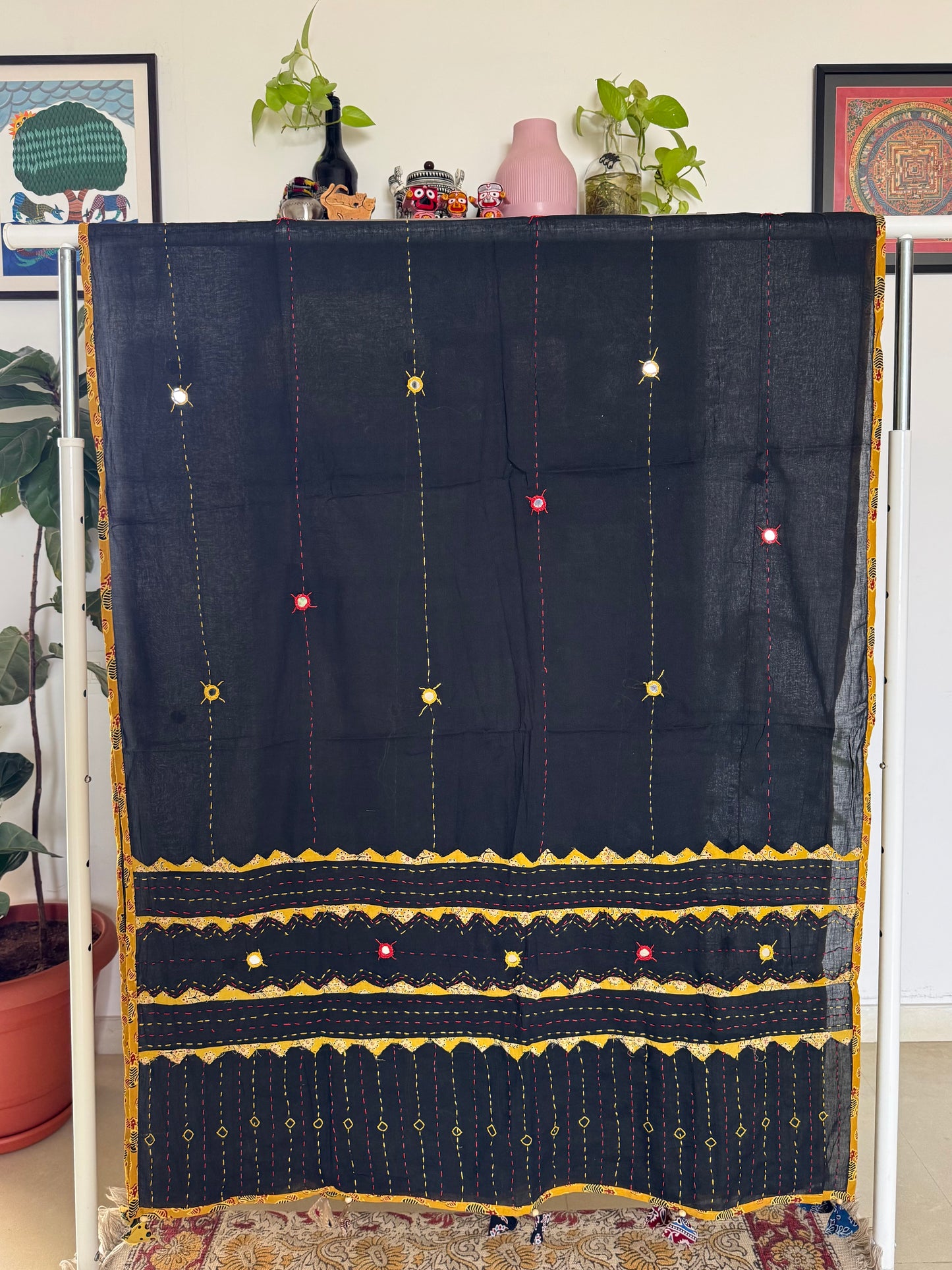 Ajrakh Applique & Kantha Embroidered Dupatta ~ Black & Yellow
