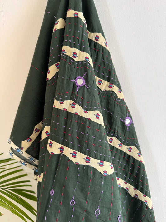 Ajrakh Applique & Kantha Embroidered Dupatta ~ Olive Green & Cream