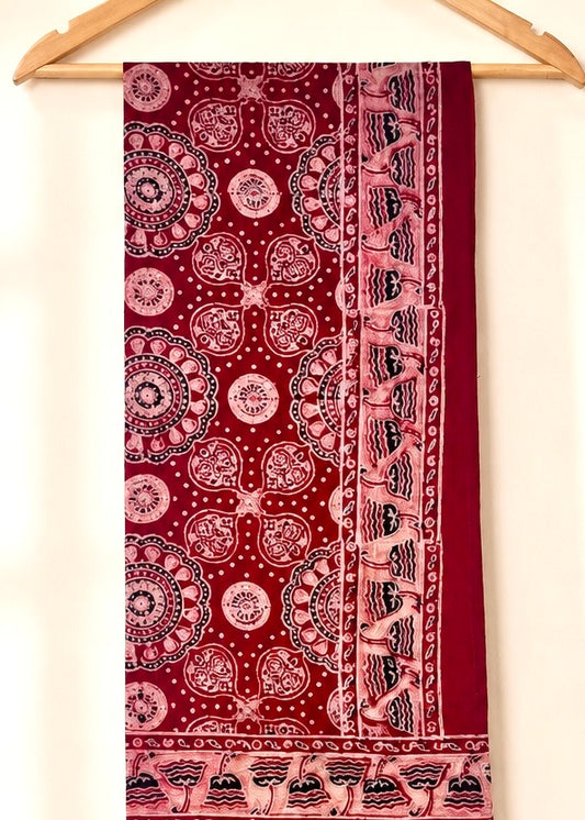 Raahi🌻Ajrakh Cotton Stoles ~ Deep red w/ floral motifs