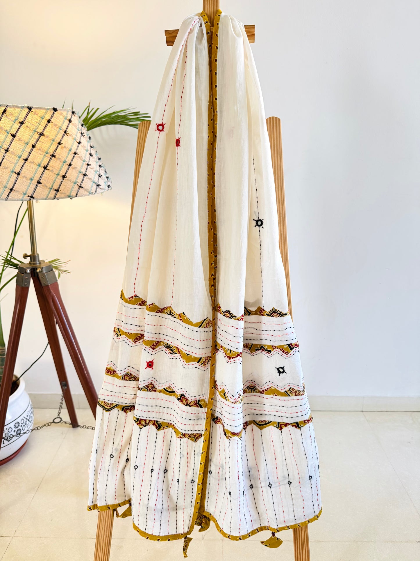 Ajrakh Applique & Kantha Embroidered Dupatta ~ White with Yellow Patchwork