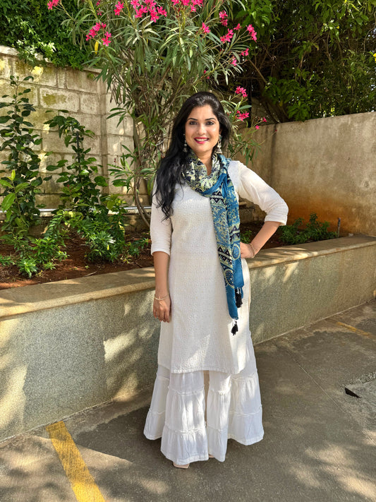 Rangrez🔅Modal Silk Ajrakh Stoles ~ Indigo & Green Grunge Motifs