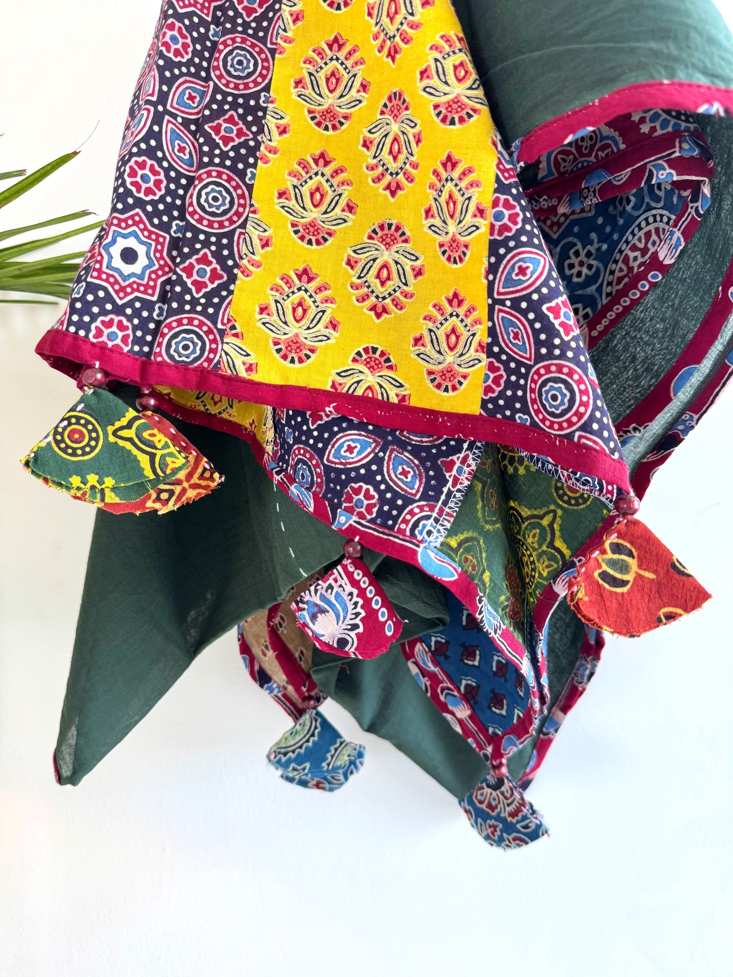 𓂃ོ⋆☀︎𓂃ᨒོ Ajrakh, Applique & Kantha Embroidered Dupatta ~ Olive Green with Ruby Crystals𑁍ࠬ